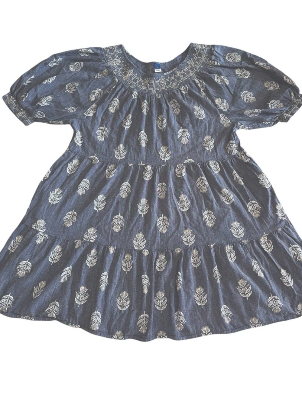 Old Navy Blue Chambray Tiered Mini Dress with White Leaf Print